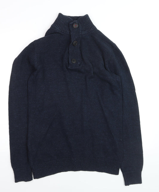 Fat Face Men's Blue Cotton Henley Jumper High Neck Size M