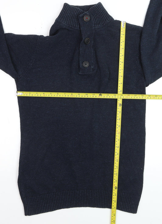 Fat Face Men's Blue Cotton Henley Jumper High Neck Size M