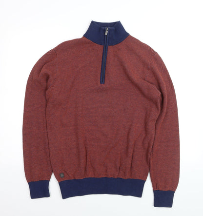 6th Sense Men's Red Blue 1/4 Zip Cotton Jumper L Knit High Neck