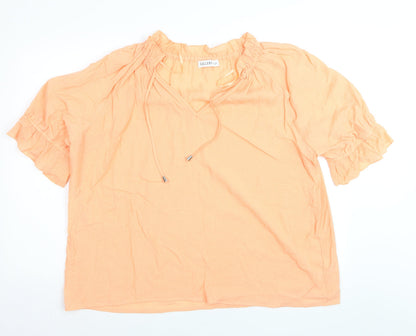 Gallery Women’s Orange Tunic Blouse XL Cotton V-Neck Ruffle Sleeve