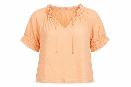 Front view of Gallery Women’s Orange Tunic Blouse XL Cotton V-Neck Ruffle Sleeve