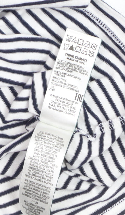 Marks and Spencer Women's White Striped 3/4 Sleeve Cotton T-Shirt Size 12