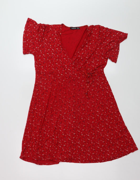 Boohoo Womens Red Floral Wrap Dress Size 12 Short Sleeve V-Neck