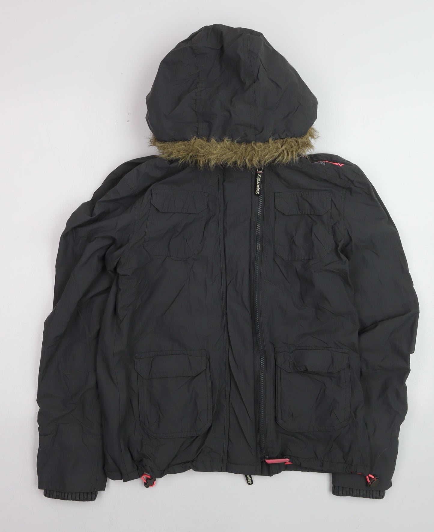 Superdry Women Black M Windcheater Hooded Jacket Faux Fur Trim
