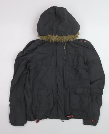 Superdry Women Black M Windcheater Hooded Jacket Faux Fur Trim