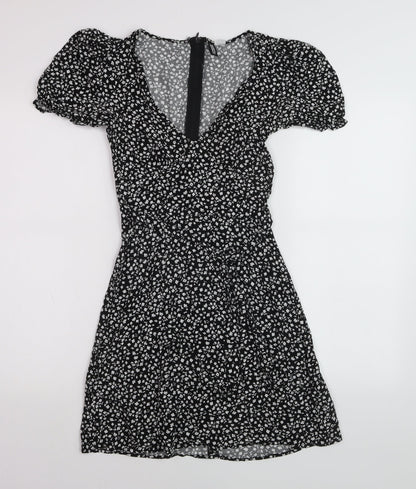 DIVIDED Women’s Black Floral Short A-Line Puff Sleeve Dress Size 4