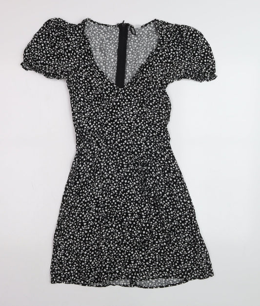 DIVIDED Women’s Black Floral Short A-Line Puff Sleeve Dress Size 4