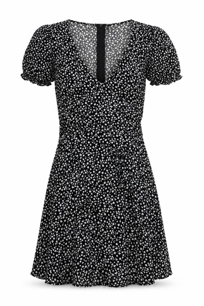 DIVIDED Women’s Black Floral Short A-Line Puff Sleeve Dress Size 4