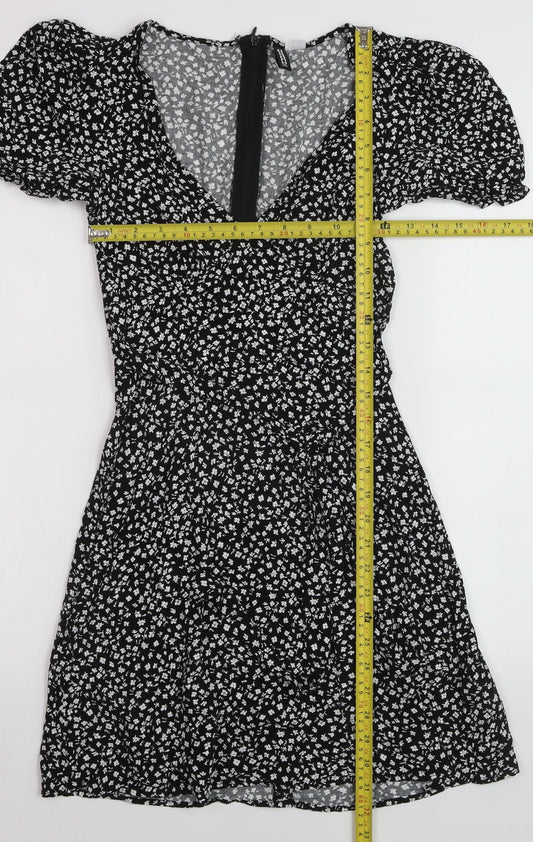 DIVIDED Women’s Black Floral Short A-Line Puff Sleeve Dress Size 4