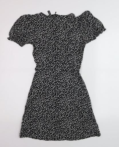 DIVIDED Women’s Black Floral Short A-Line Puff Sleeve Dress Size 4