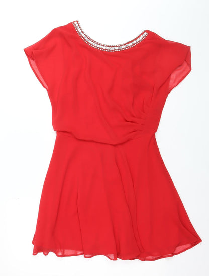 River Island Women Red Beaded Skater Dress Size 12 Party Short Sleeve