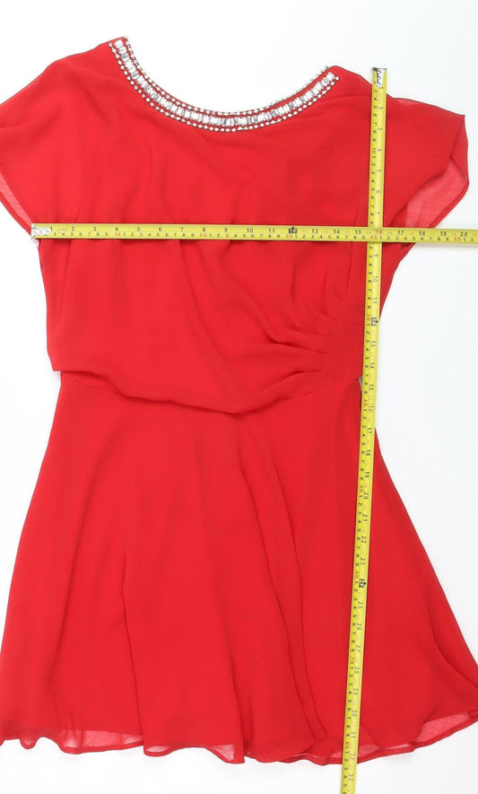 River Island Women Red Beaded Skater Dress Size 12 Party Short Sleeve