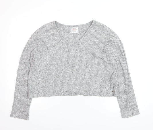 PULL&BEAR Womens Grey Waffle-Knit V-Neck Jumper Size 12