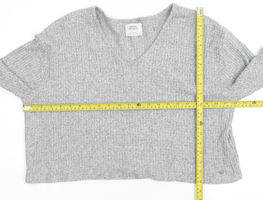 PULL&BEAR Womens Grey Waffle-Knit V-Neck Jumper Size 12