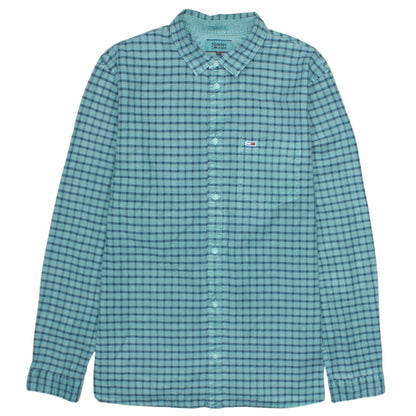 Tommy Jeans Men's Blue Check Long Sleeve Regular Fit Cotton Shirt L