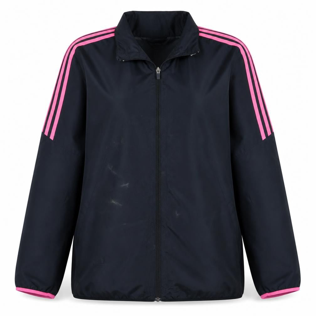 Front view of Adidas women’s black pink stripe climaproof full zip windbreaker jacket l