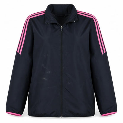 Front view of Adidas women’s black pink stripe climaproof full zip windbreaker jacket l