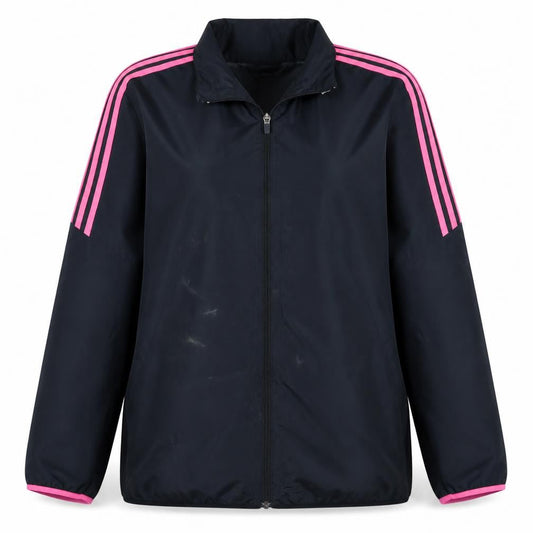 Front view of Adidas women’s black pink stripe climaproof full zip windbreaker jacket l