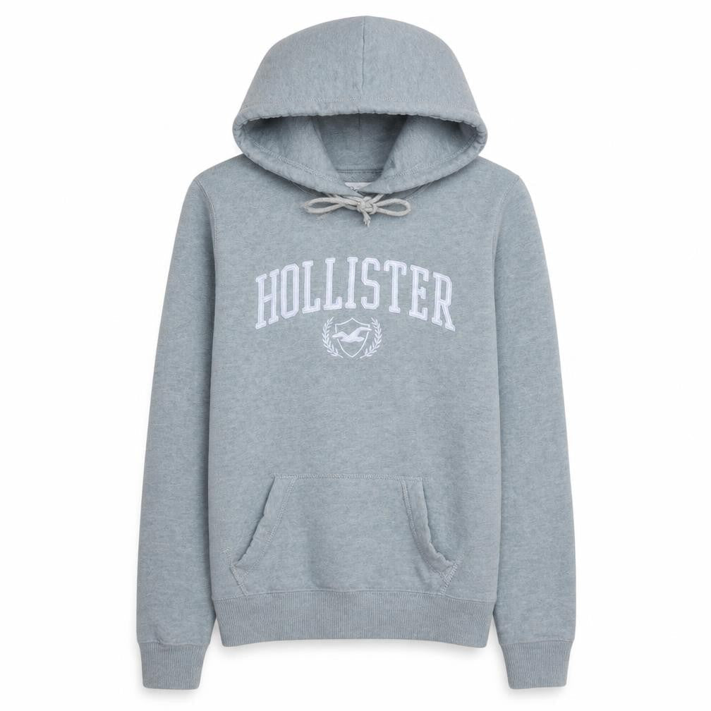Front view of Hollister unisex grey xs pullover hoodie with logo print