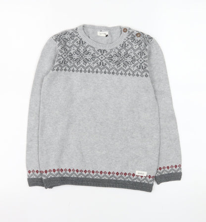 Newbie Girls Grey Fair Isle Cotton Jumper 7 Years Long Sleeve Crew Neck