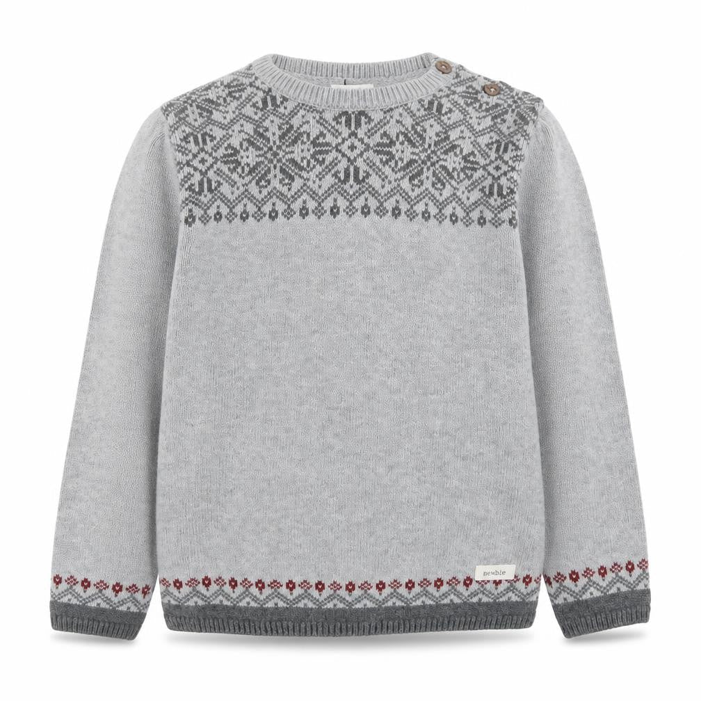 Newbie Girls Grey Fair Isle Cotton Jumper 7 Years Long Sleeve Crew Neck