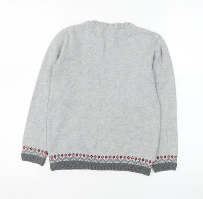 Newbie Girls Grey Fair Isle Cotton Jumper 7 Years Long Sleeve Crew Neck
