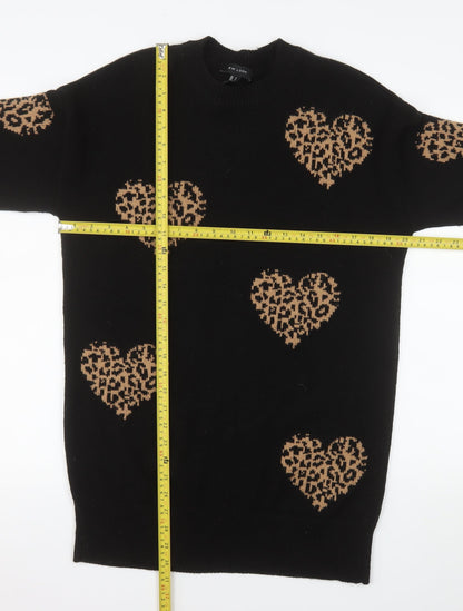 New Look Women's Black Heart Leopard Knit Pullover Jumper Size S