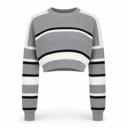 Stylewise Women Grey Striped Chunky Knit Crop Jumper M