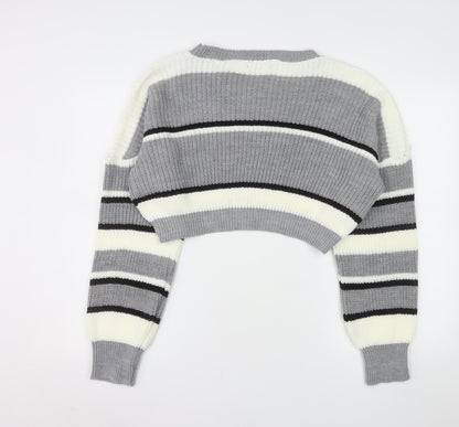 Stylewise Women Grey Striped Chunky Knit Crop Jumper M