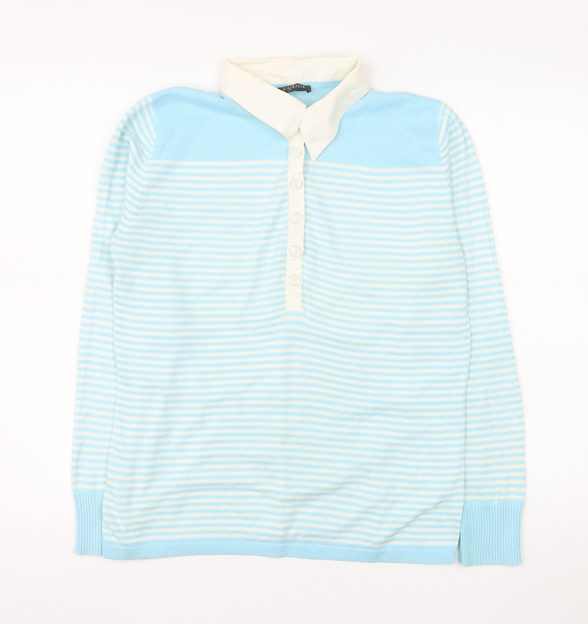 Via Appia Women's Blue Striped Collared Button-Up Top Size 12