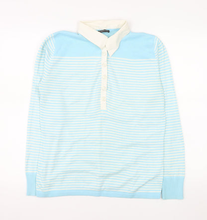 Via Appia Women's Blue Striped Collared Button-Up Top Size 12