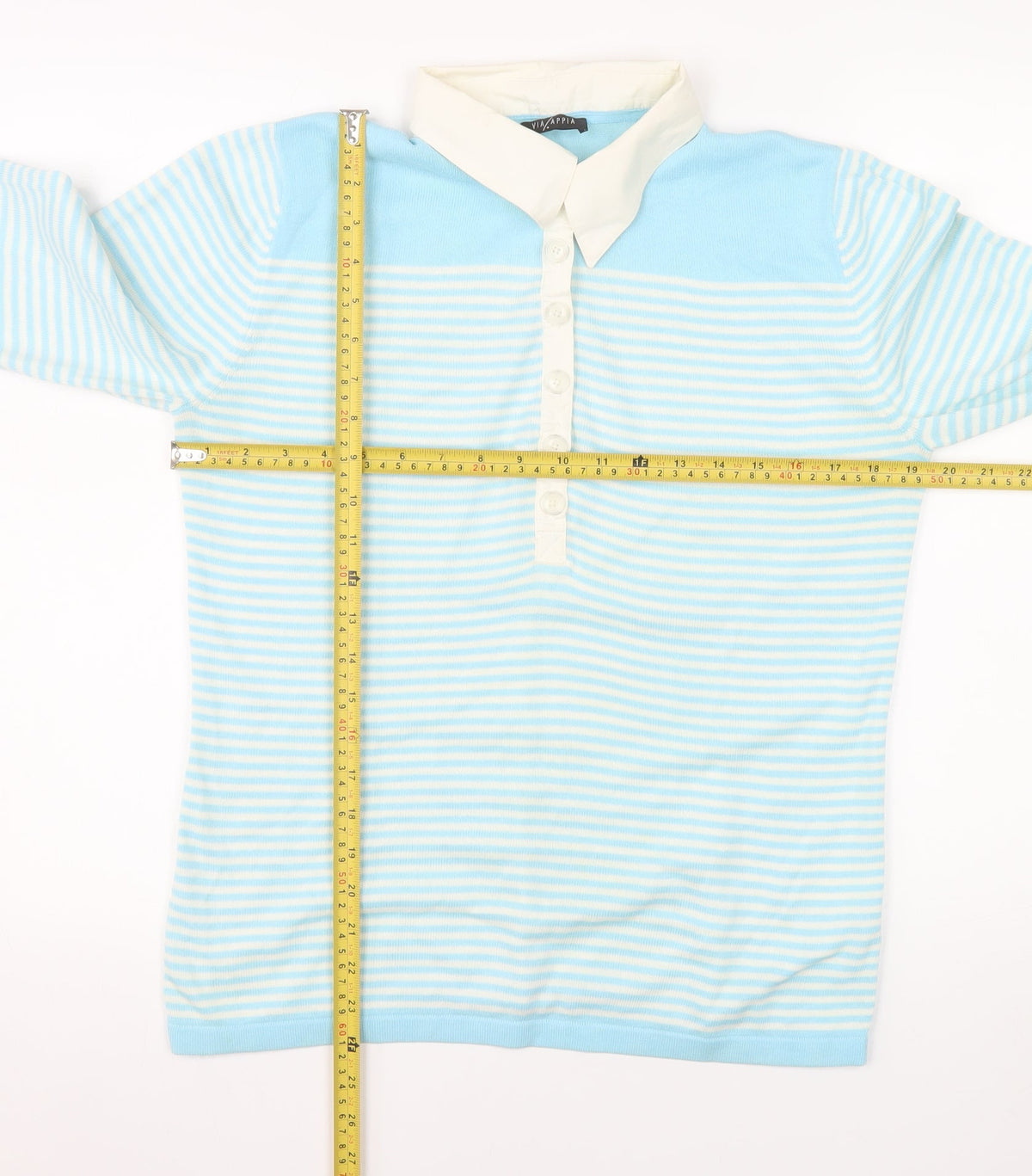 Via Appia Women's Blue Striped Collared Button-Up Top Size 12