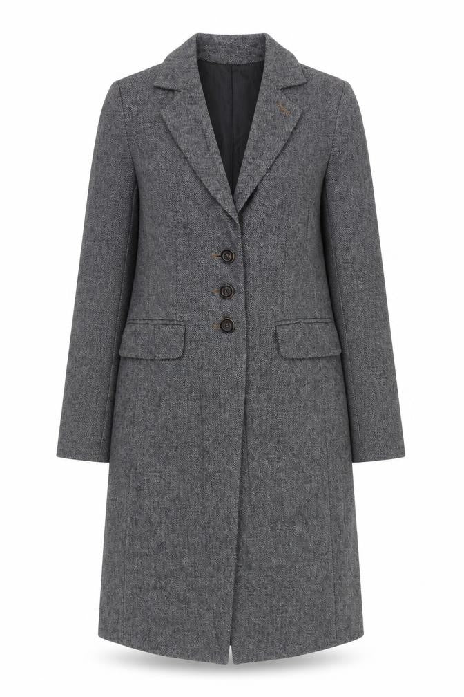 Summum Woman Grey Herringbone Wool Blend Long Overcoat Women’s Size 6