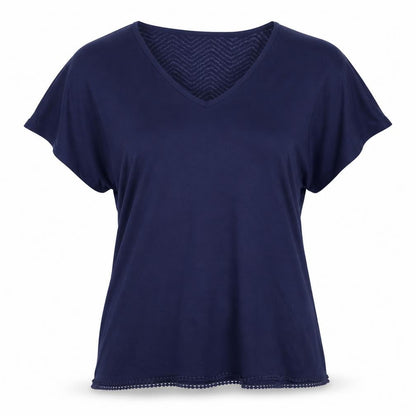 Front view of Atmosphere Women’s Blue V-Neck Crochet Hem Short Sleeve Blouse, size M