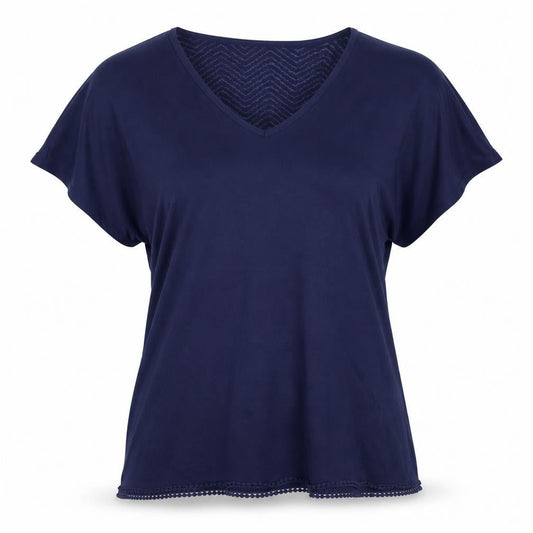 Atmosphere Women’s Blue V-Neck Crochet Hem Short Sleeve Blouse Size M