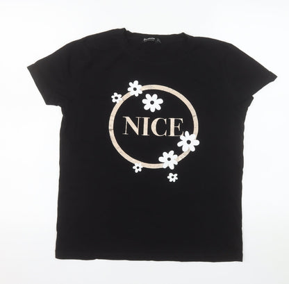 Stradivarius Women’s Black Cotton Floral NICE Print T-Shirt Size 8