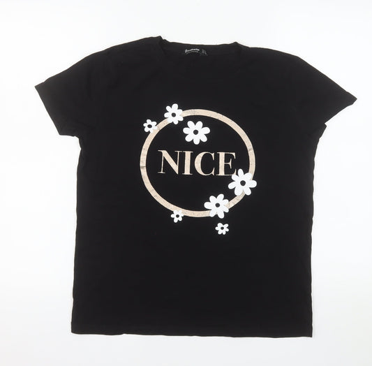 Stradivarius Women’s Black Cotton Floral NICE Print T-Shirt Size 8