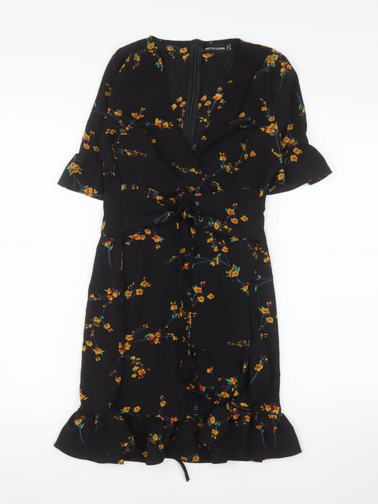 PrettyLittleThing Women’s Black Floral Wrap Dress Size 8