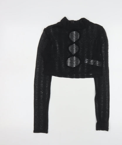 PrettyLittleThing Women's Black Mock Neck Open Knit Crop Jumper Size 6