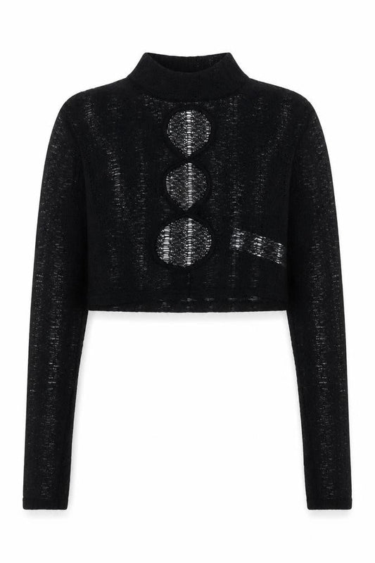 PRETTYLITTLETHING Women's Black Mock Neck Open Knit Crop Jumper Size 6
