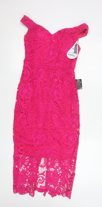 Amber Women’s Pink Lace Off Shoulder Bodycon Dress XS