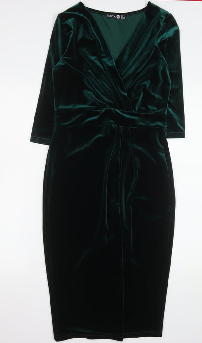 Boohoo Women Green Velvet Bodycon Knee Length Party Dress UK 10