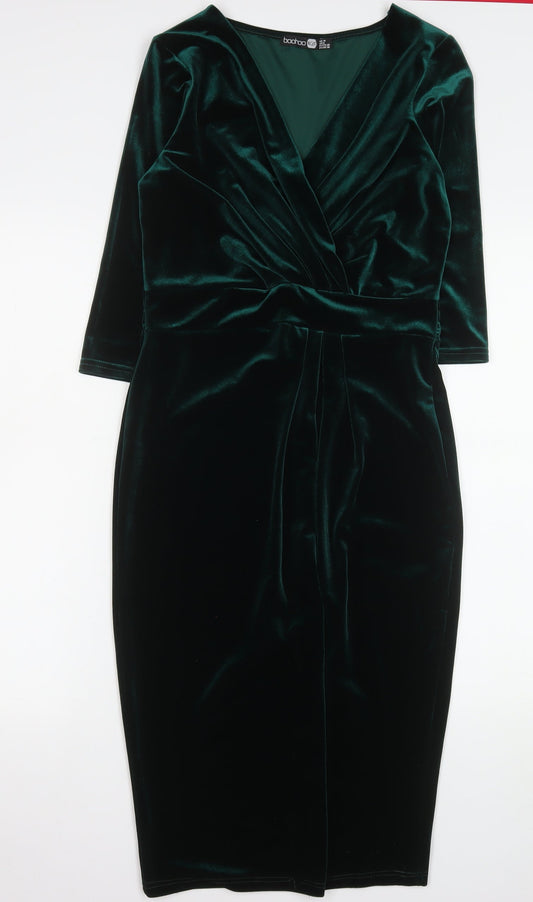 Boohoo Women Green Velvet Bodycon Knee Length Party Dress UK 10