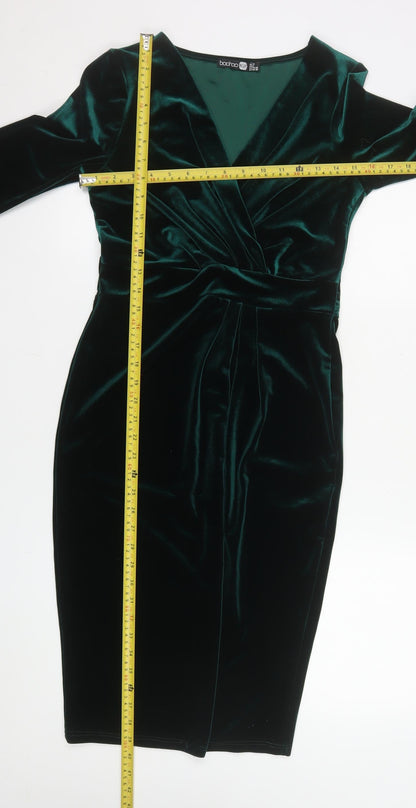 Boohoo Women Green Velvet Bodycon Knee Length Party Dress UK 10