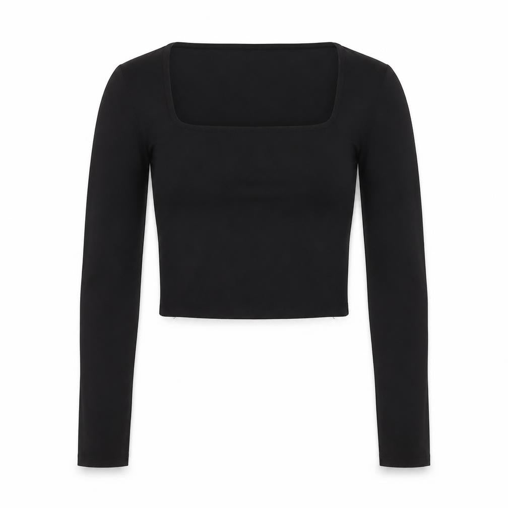 Amisu Women Black Cropped Long Sleeve Square Neck Blouse M