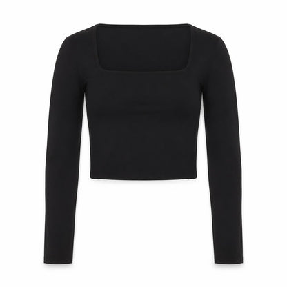 Amisu Women Black Cropped Long Sleeve Square Neck Blouse M