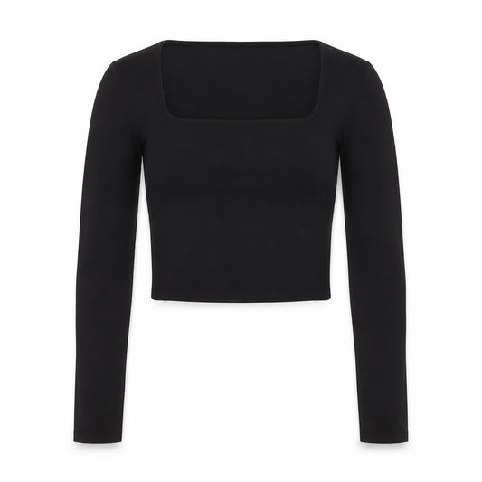 Amisu Women Black Cropped Long Sleeve Square Neck Blouse M