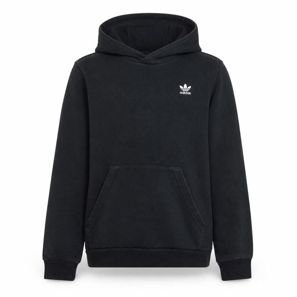 Front view of Adidas boys’ black pullover hoodie 13-14 years fleece logo sweatshirt