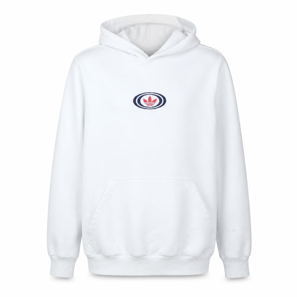 Front view of Adidas boys’ white xl pullover hoodie with trefoil logo print