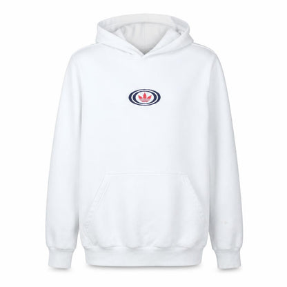 Front view of Adidas boys’ white xl pullover hoodie with trefoil logo print